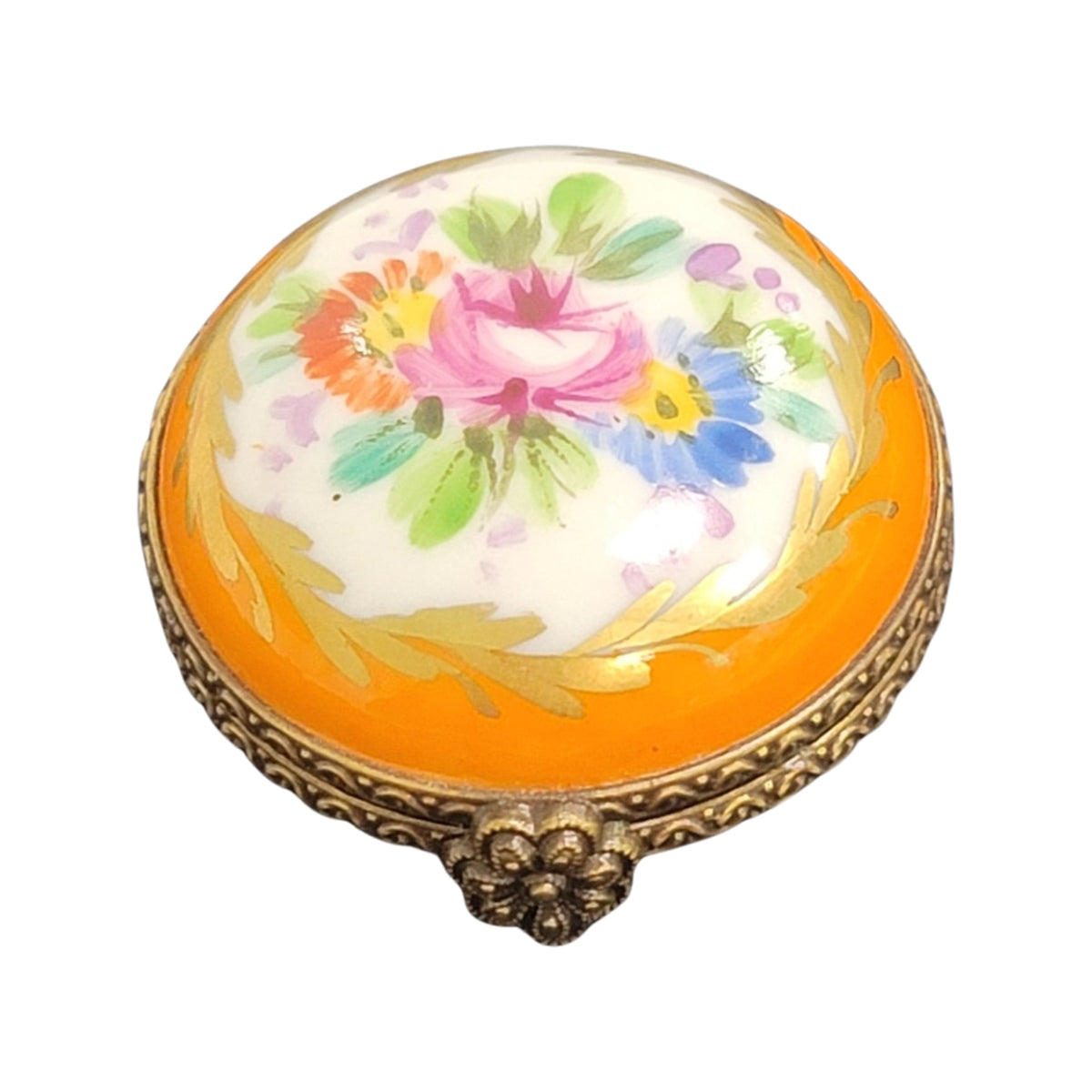 Orange Flat Round Limoges Porcelain Box Gift, a hand-painted Limoges porcelain gift