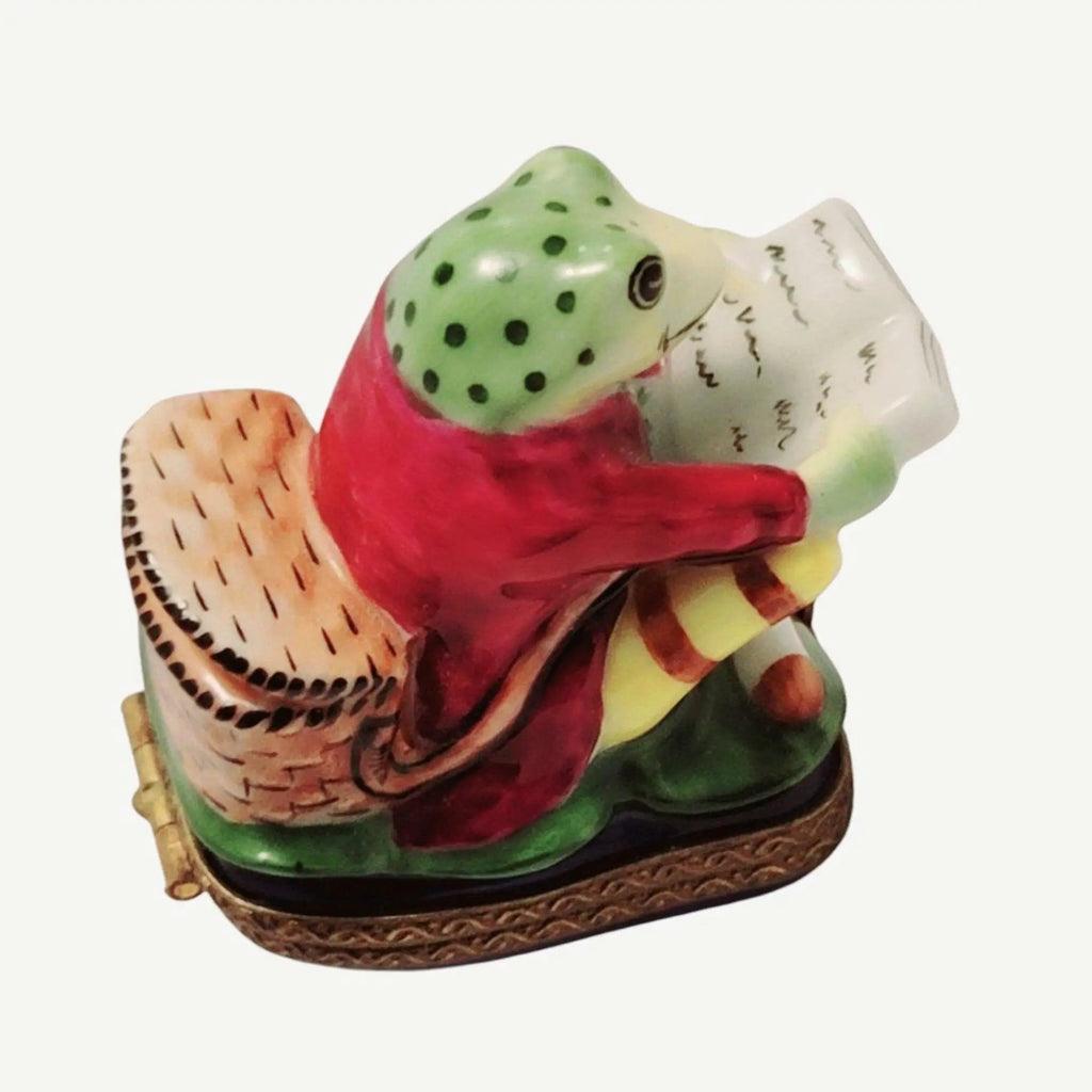 Hand-painted Frog Reading on Chair Limoges box, French artistry for lovers of fine art