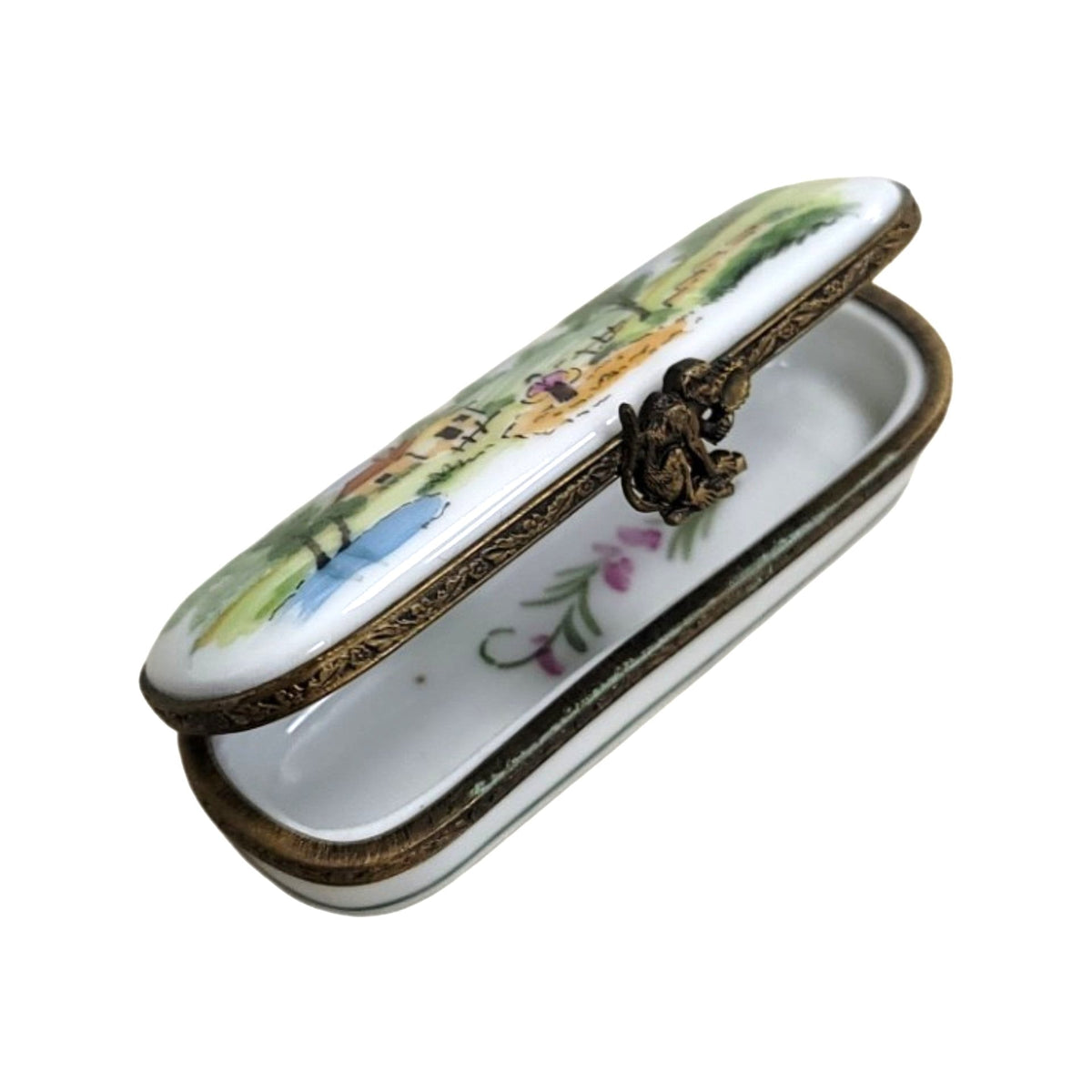 House Scene Needle Box Antique Porcelain Limoges Box, a hand-painted Limoges porcelain gift