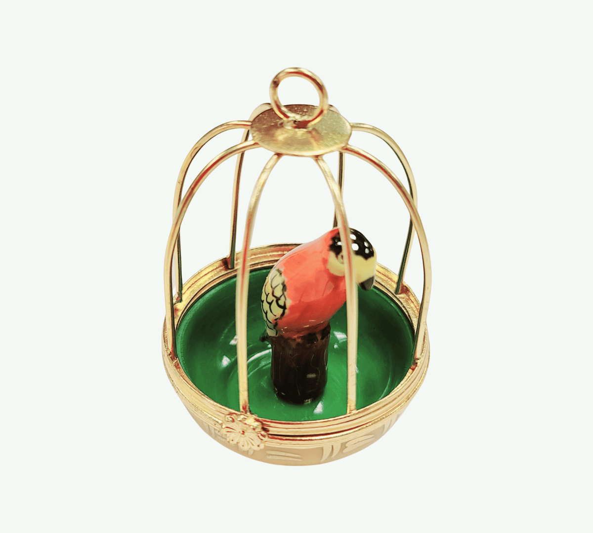 Parrot in Cage Limoges Box Figurine, a hand-painted Limoges porcelain gift