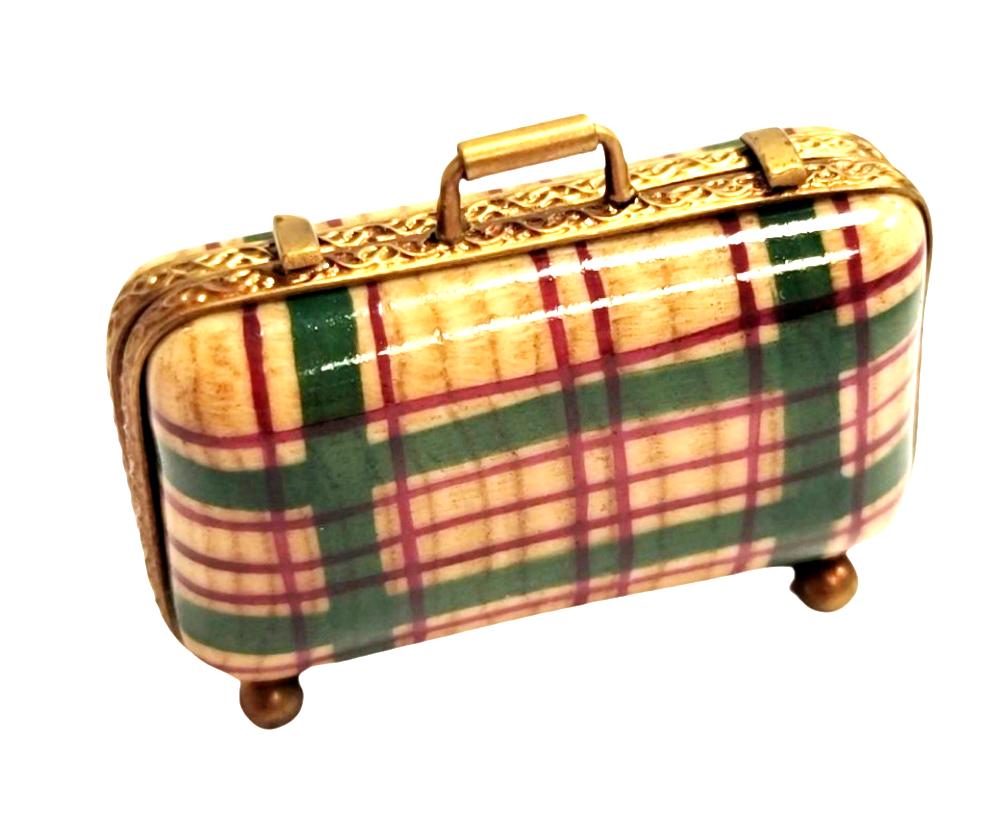Plaid Travel Suitcase Limoges Box, a hand-painted Limoges porcelain gift