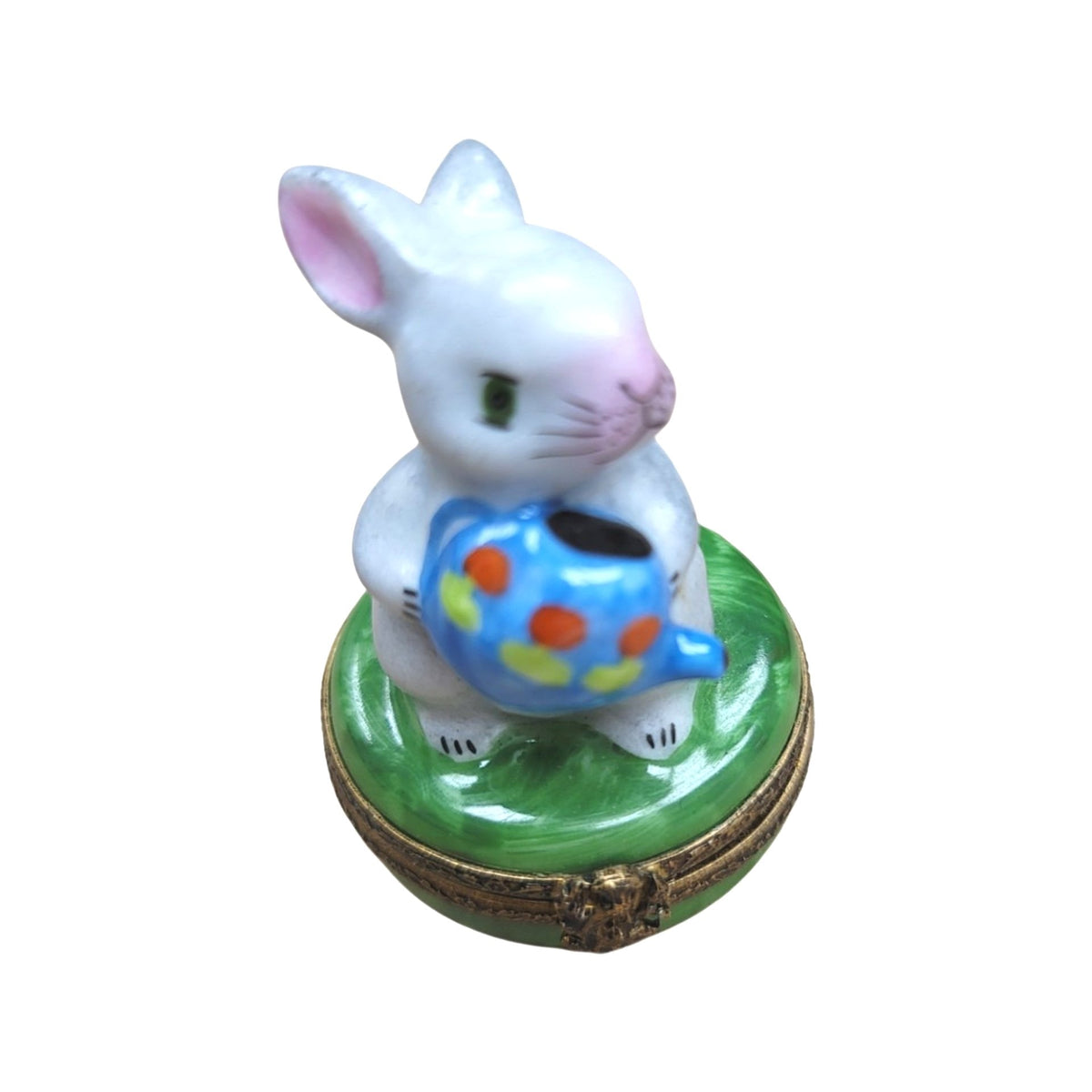 Rabbit Blue Watering Can Porcelain Limoges Porcelain Art Object, a hand-painted Limoges porcelain gift