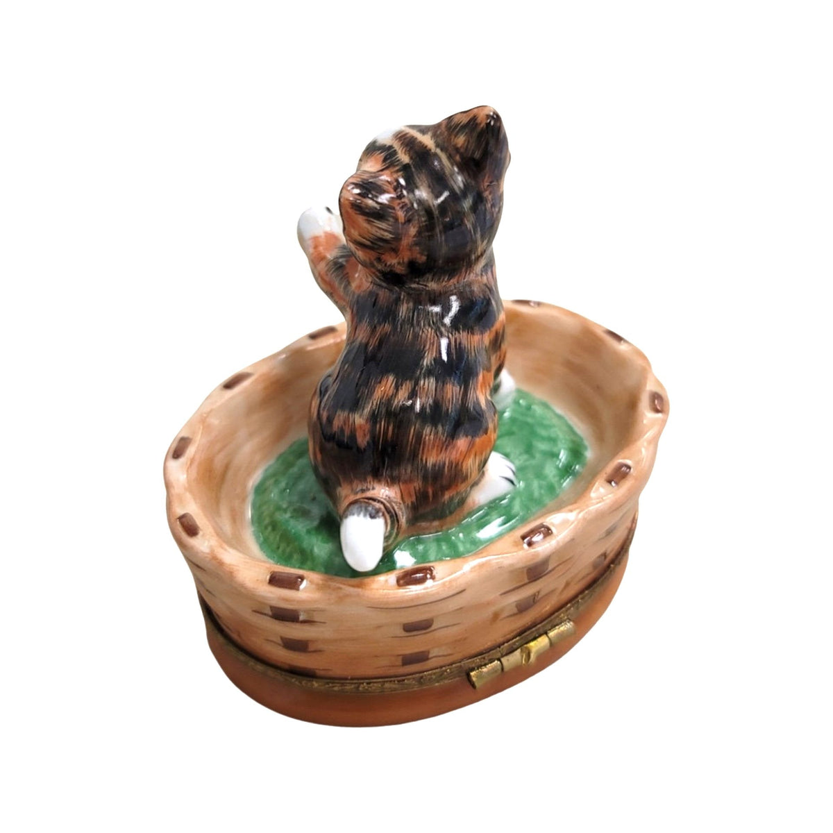 Artisan-painted Tab Cat in Basket Limoges box from France, a cherished collectible