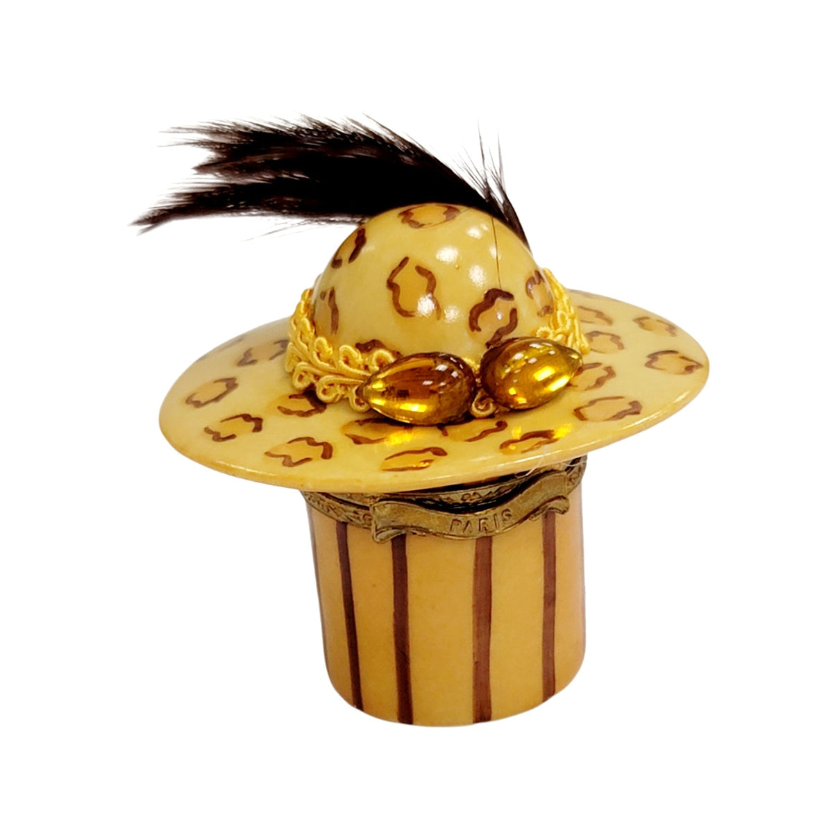 Cheetah Hat Fashion Figurine Box, a hand-painted Limoges porcelain gift
