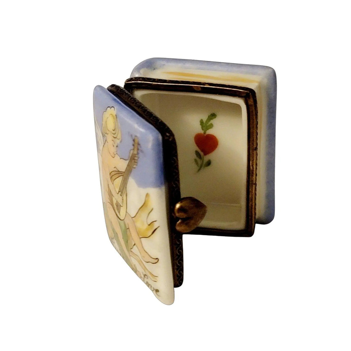 Fine French craftsmanship on the Cherub Book Lyre Music Lyrics Limoges box, painted by hand
