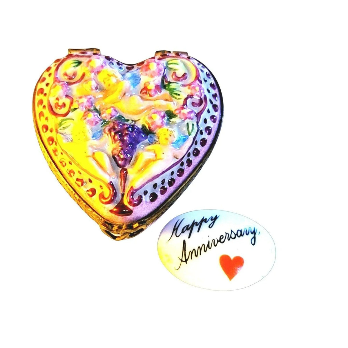 Authentic Happy Anniversary Cherubs Heart Limoges box, hand-painted in France, from Limoges Boutique
