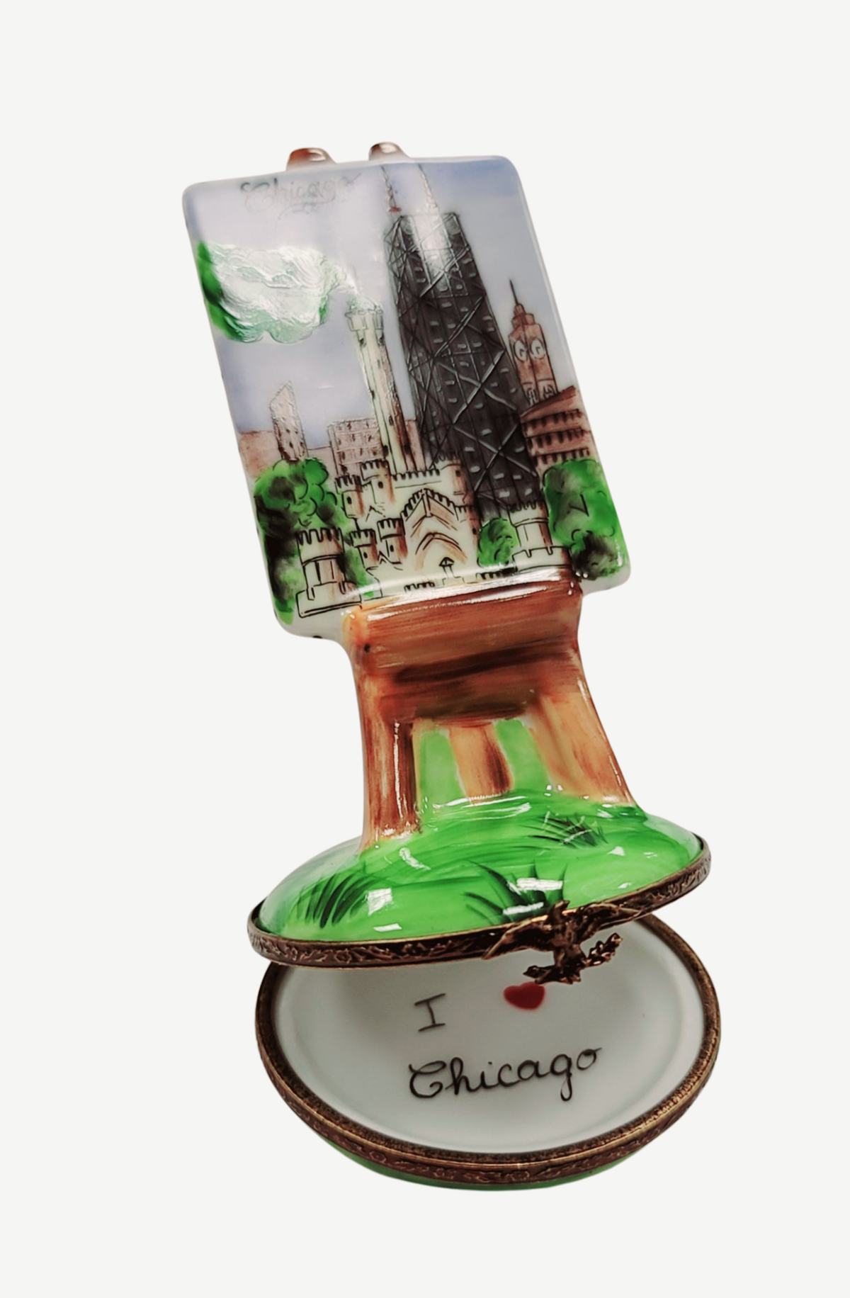 Chicago Easel for Art Limoges box painted by hand in Limoges, France, a gift to treasure