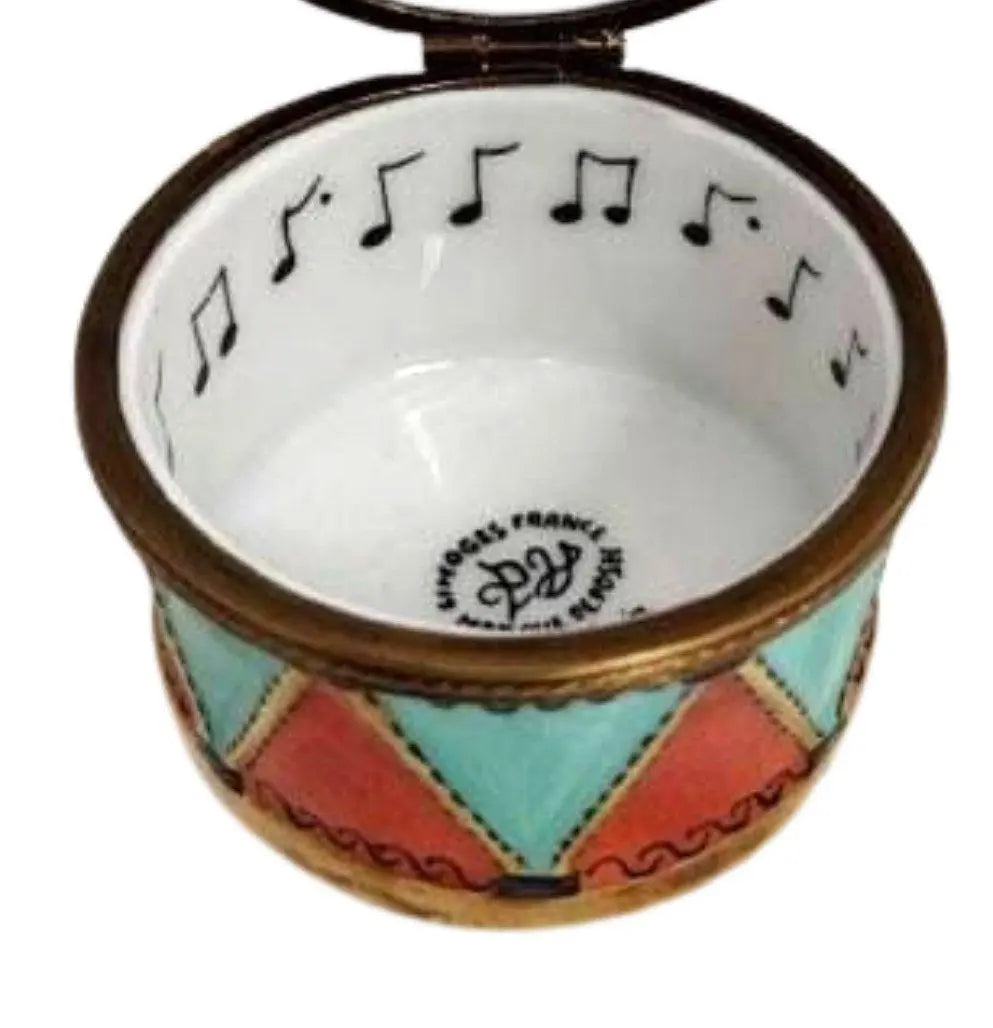 Painted details on the Christmas Drum in 90s Limoges box, French art in miniature