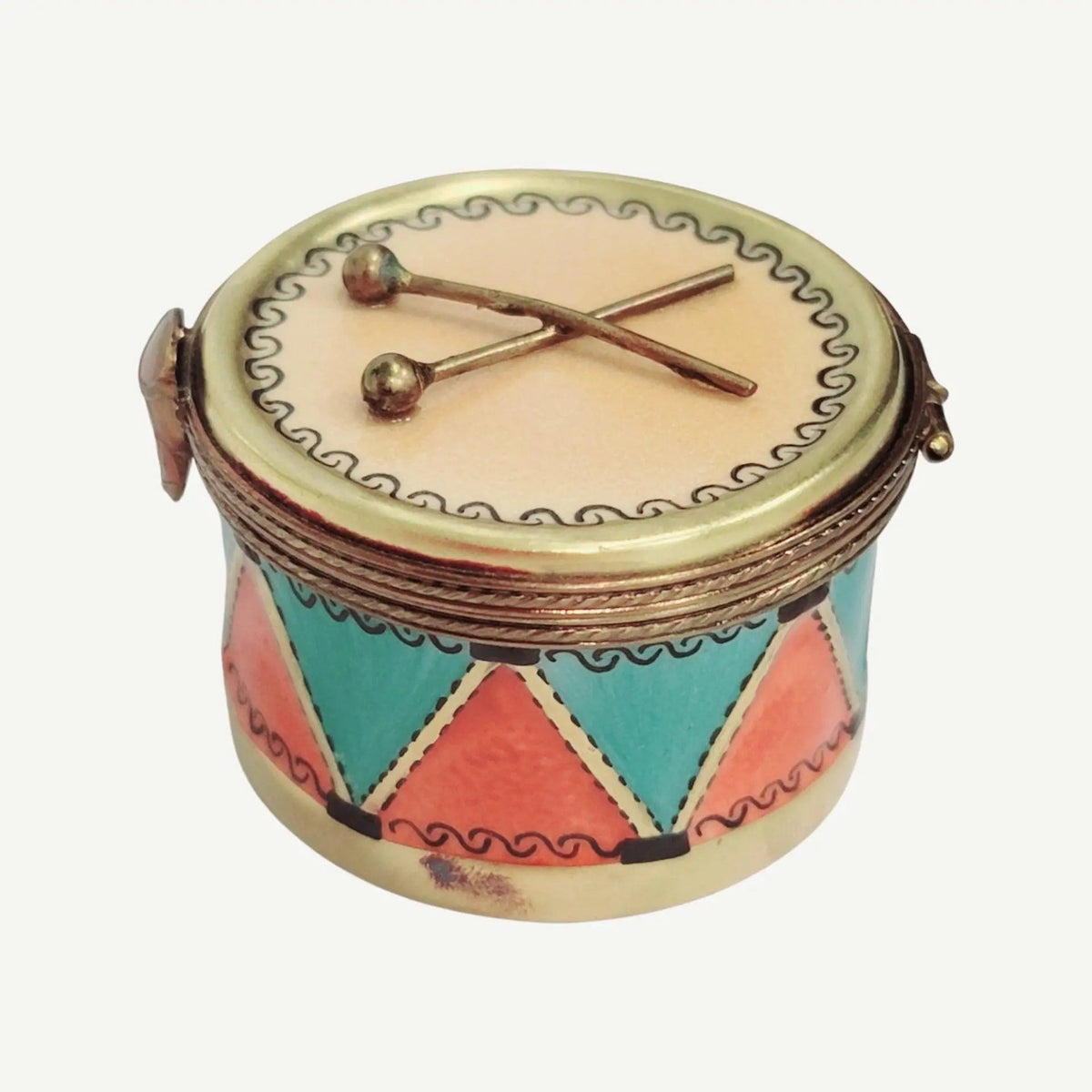 Artisan-painted Christmas Drum in 90s Limoges box from France, a cherished collectible