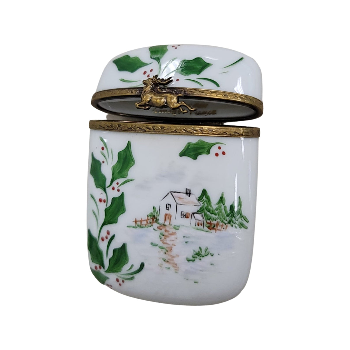 Christmas Holly Tall Limoges Porcelain Box, a hand-painted Limoges porcelain gift