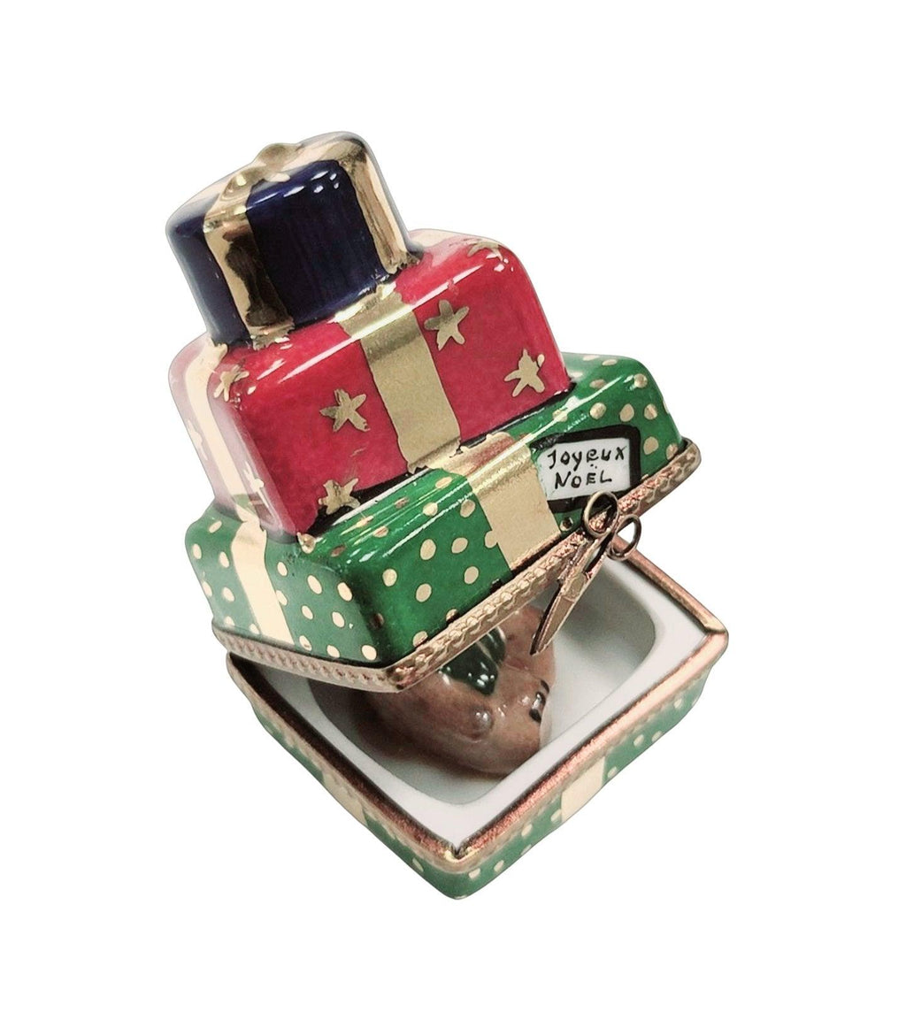 Christmas Presents Teddy Bear Inside Limoges Box Figurine, view 4
