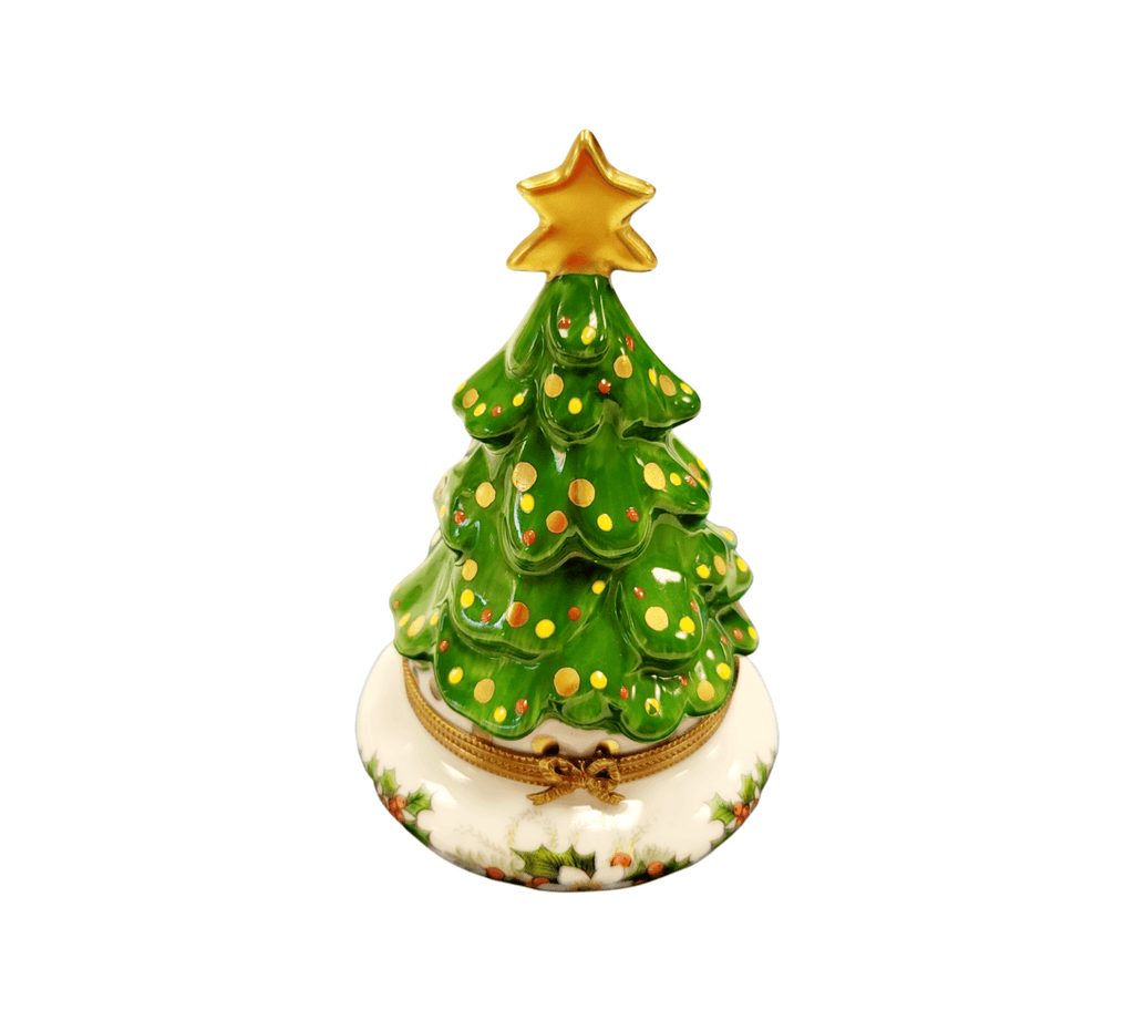 Christmas Tree w Magnolias Limoges Box Figurine Collectible, a hand-painted Limoges porcelain gift