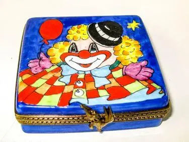 Hand-painted Circus Clown with Balloon on Flat Limoges box, French artistry for lovers of fine art