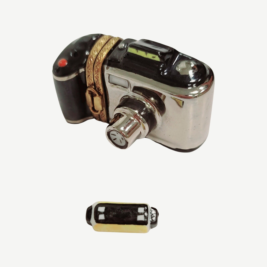 Painted details on the 35mm Black Camera with Film Limoges box, French art in miniature
