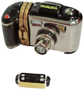 Limoges Boutique presents the 35mm Black Camera with Film, a genuine Limoges box painted by hand in France