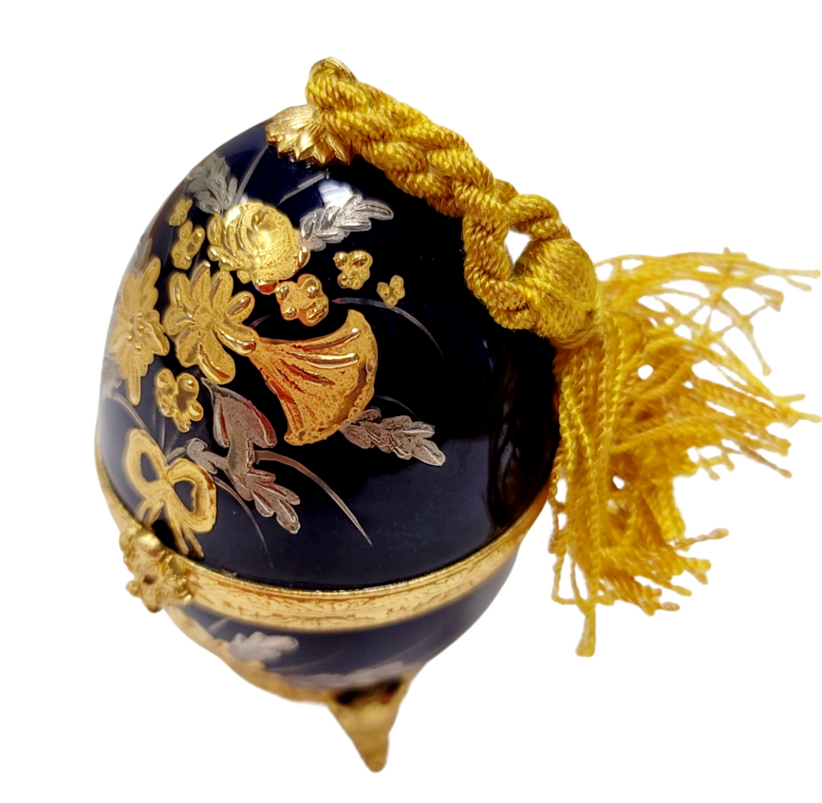 Artisan-painted Cobalt Blue Egg with Perfume Limoges box from France, a cherished collectible