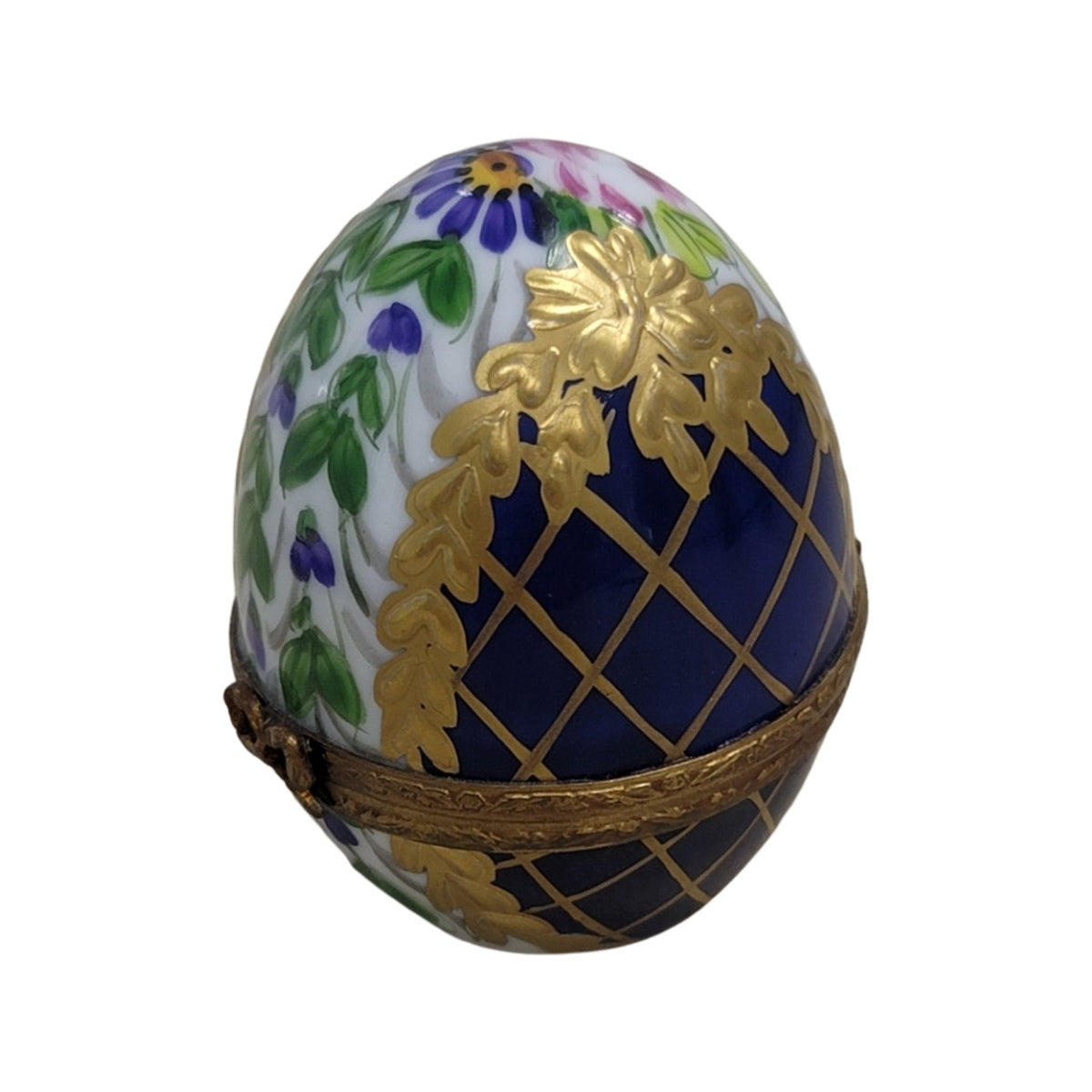 Fine French craftsmanship on the Egg Cobalt Blue Gold Lattice Limoges box, painted by hand