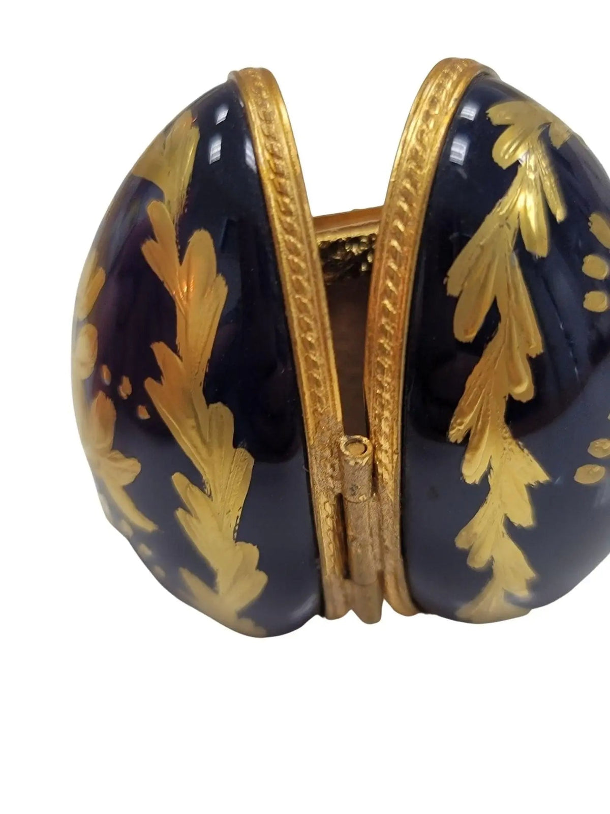 Every brushstroke by hand on the Cobalt Blue Gold Egg Oval Picture Frame Vert Limoges box from France