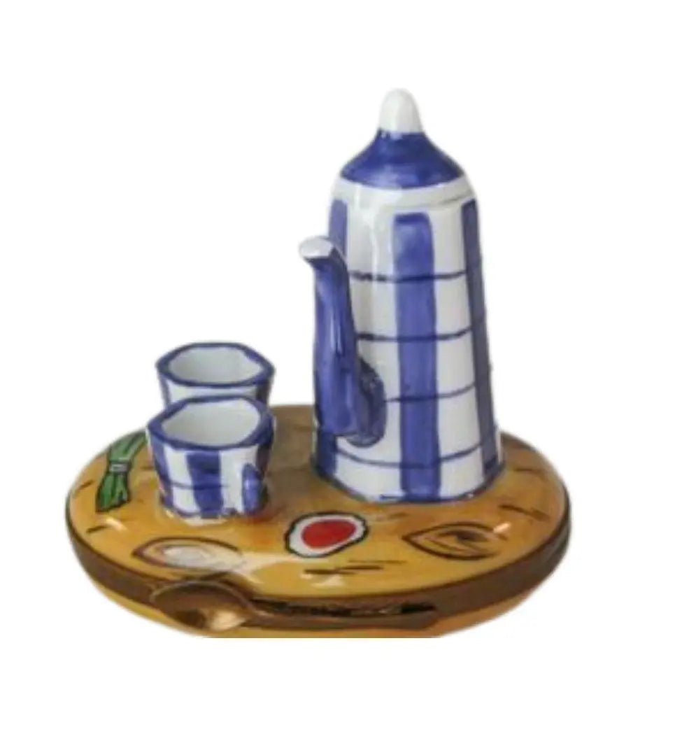 Coffee Pot w Cups Limoges Box Figurine, a hand-painted Limoges porcelain gift