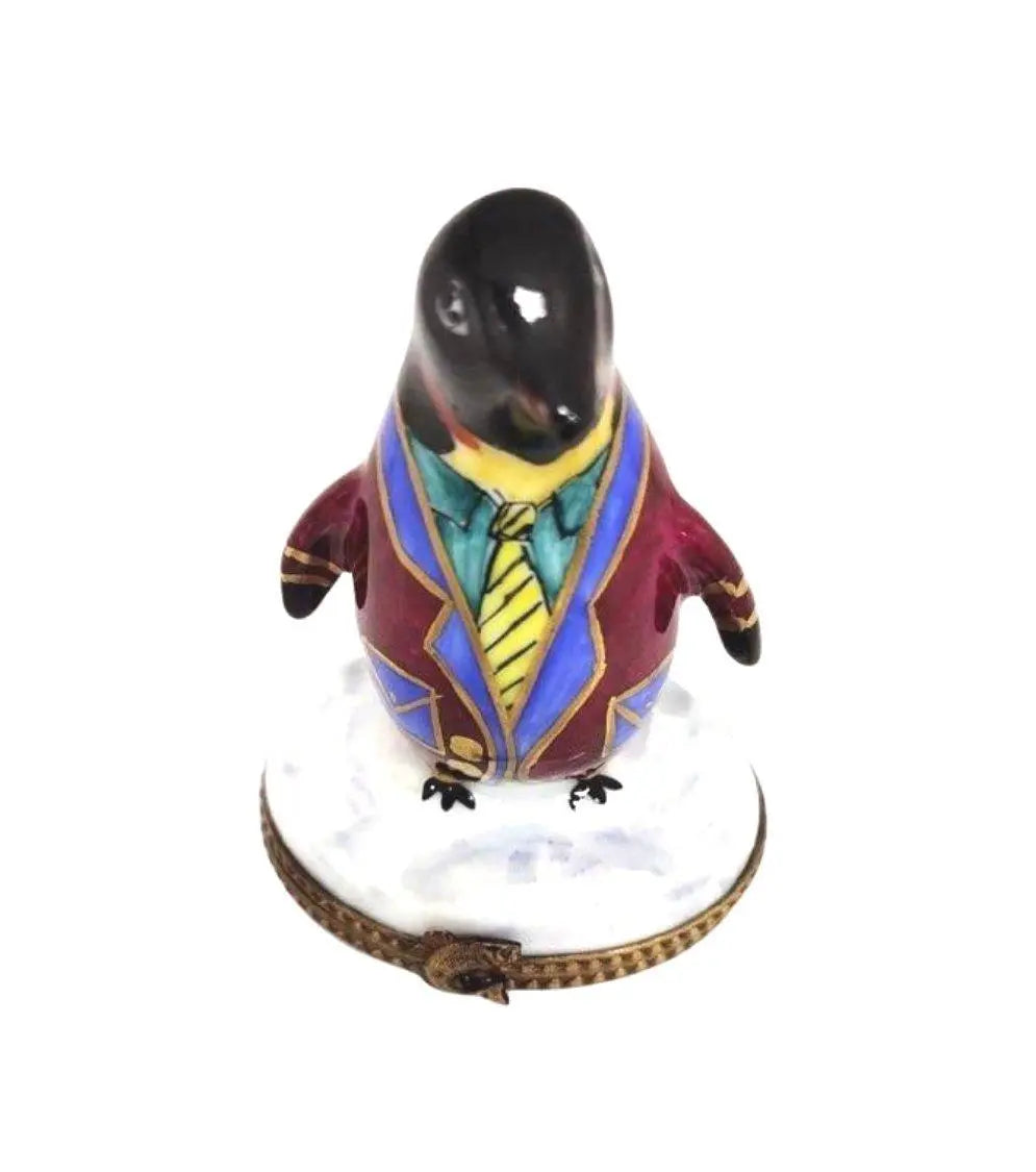 Tuxedo Colorful Snazzy Penguin Limoges Box Figurine, a hand-painted Limoges porcelain gift