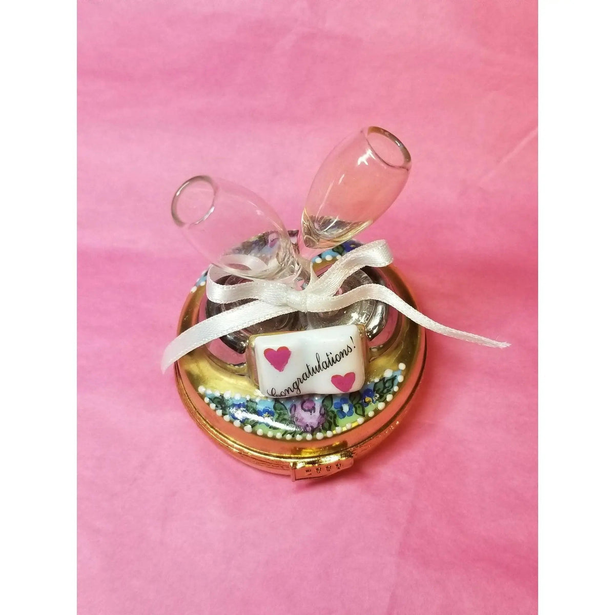 Treasured French collectible: Congratulations Champagne Glasses Limoges box, painted by hand