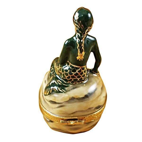Copenhagen Mermaid Limoges box opened to show the inside, a keepsake to tuck a treasure in