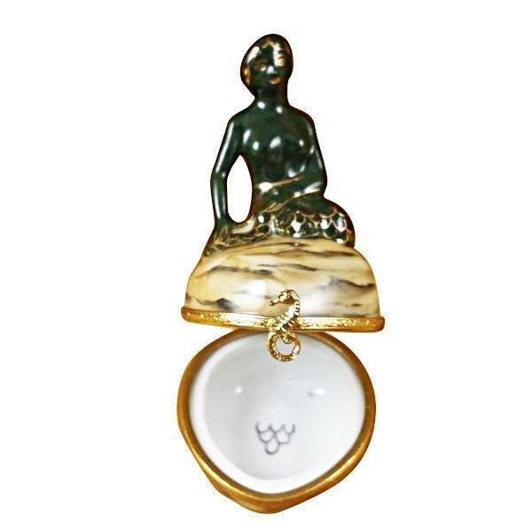 Looking inside the Copenhagen Mermaid Limoges box, with its hinged lid open