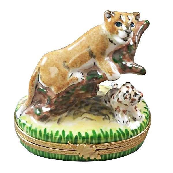 Genuine Rochard Cougar with Baby Limoges box painted by hand in France, from Limoges Boutique
