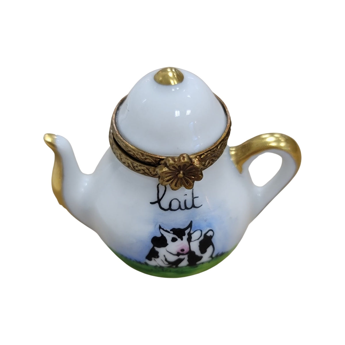 Tea Pot w Cow Lait Limoges Box Figurine for Collectors, a hand-painted Limoges porcelain gift