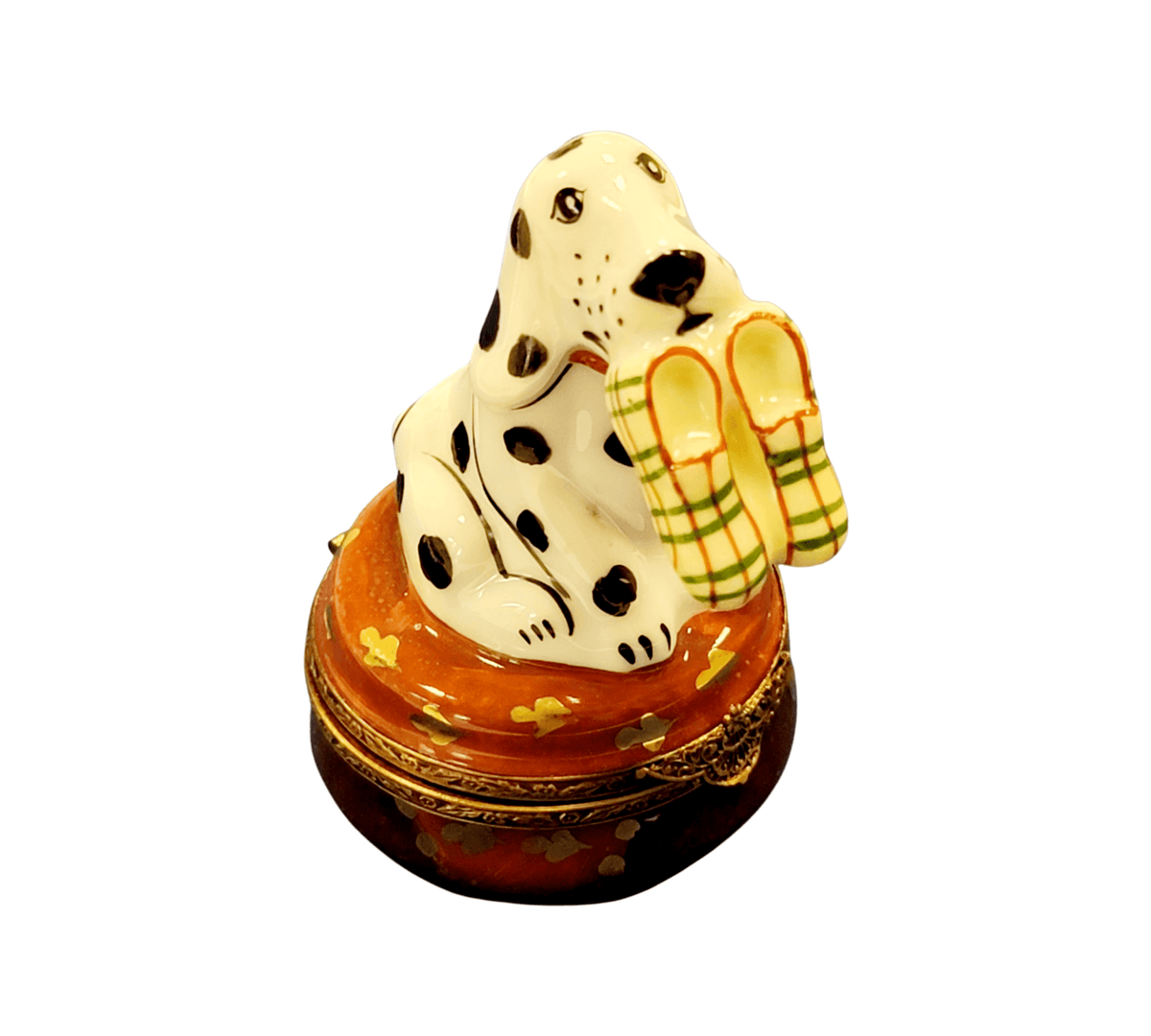 Treasured French collectible: Dalmation Dog with Slippers Limoges box, painted by hand