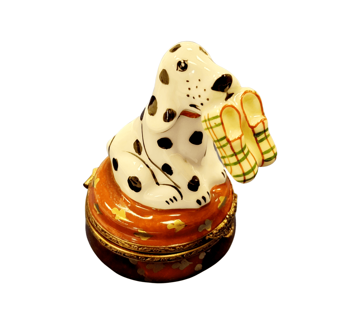Limoges Boutique presents the Dalmation Dog with Slippers, a genuine Limoges box painted by hand in France
