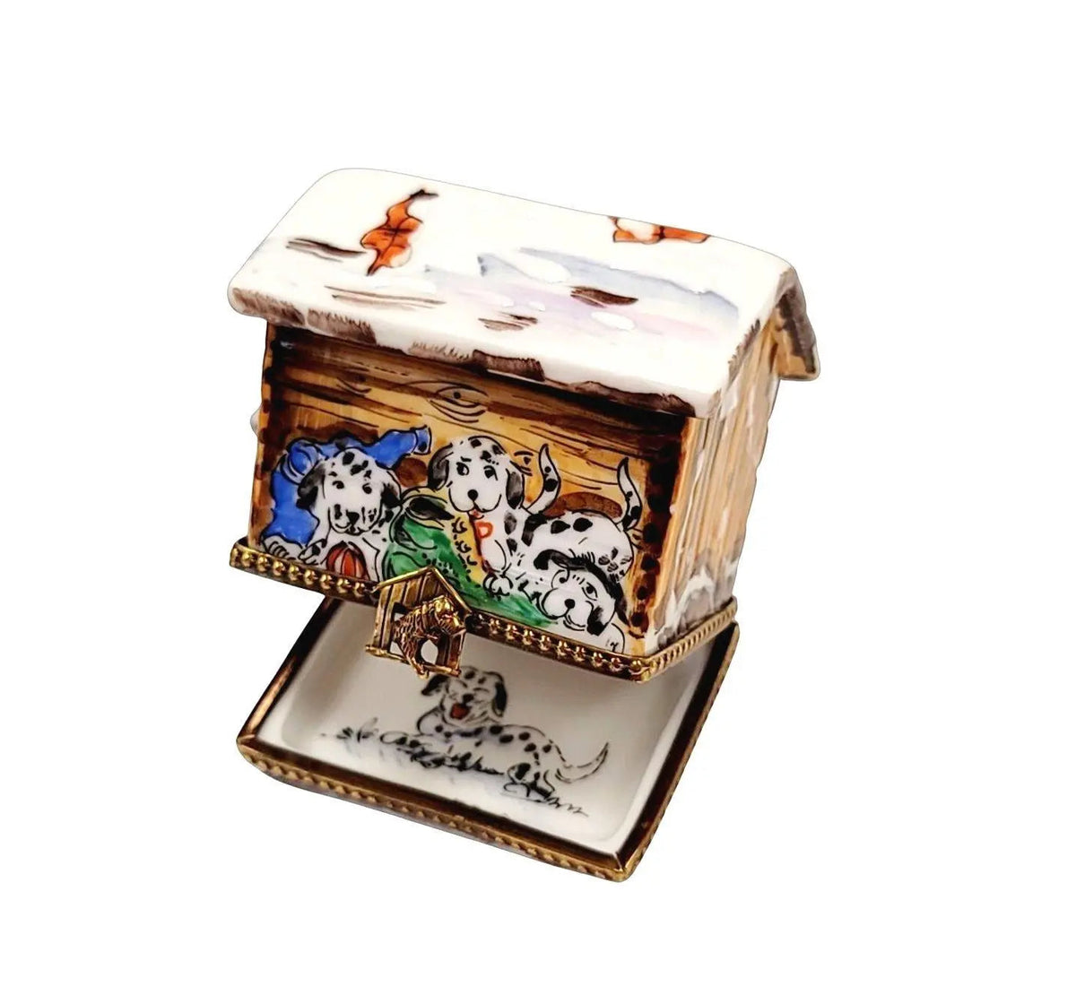 Treasured French collectible: Dalmation Dog in Winter Dog House Limoges box, painted by hand