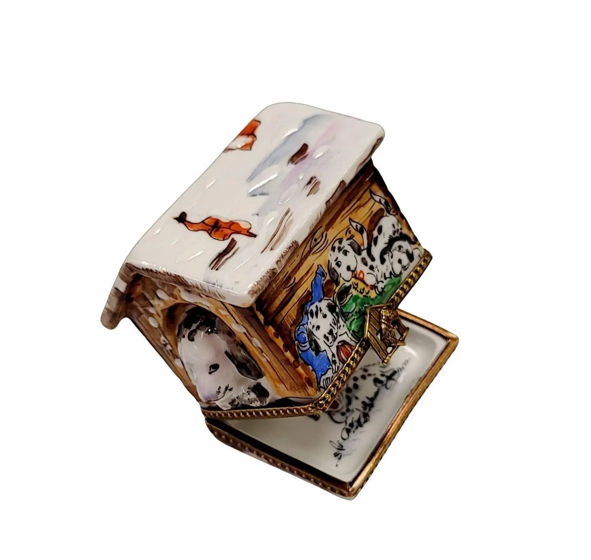 Fine art lovers will admire this Dalmation Dog in Winter Dog House Limoges box