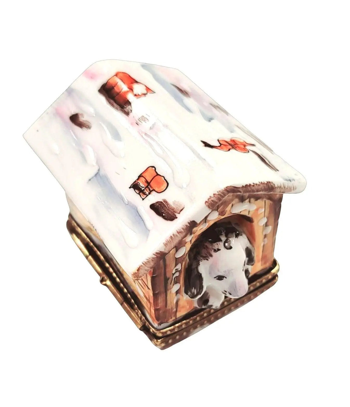 Dalmation Dog in Winter Dog House Limoges Box Figurine, a hand-painted Limoges porcelain gift