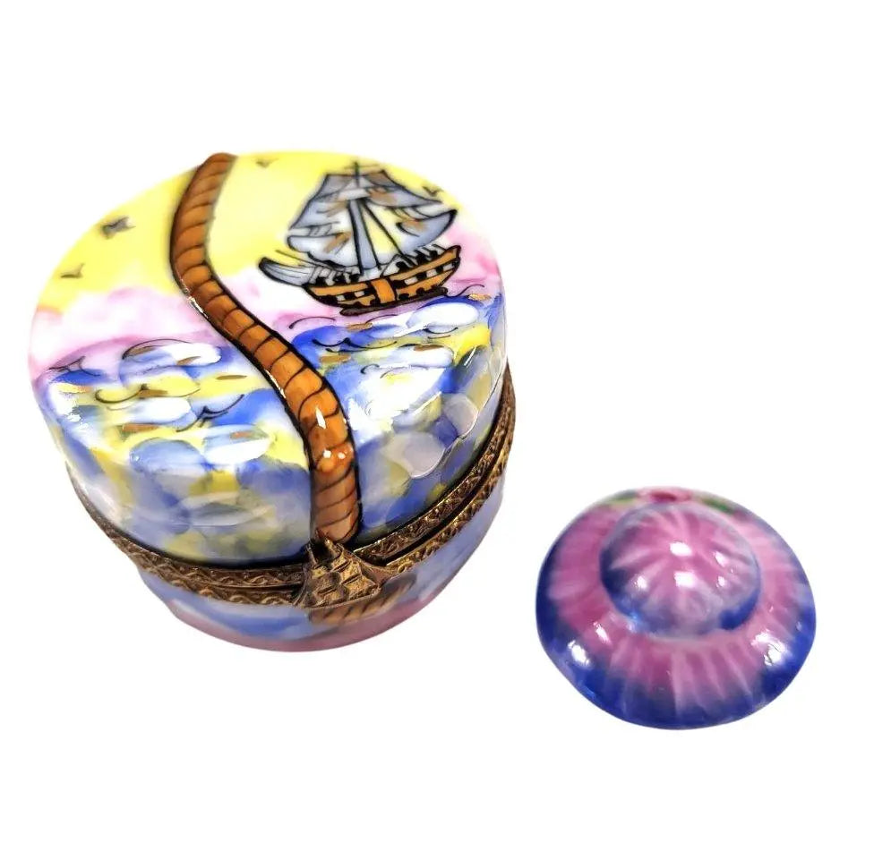 Designer Hat Box: Ship Hat Inside Limoges Box Figurine, a hand-painted Limoges porcelain gift