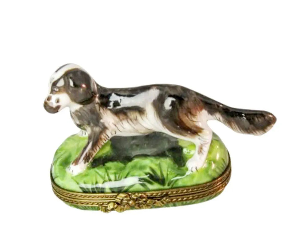 Genuine Dog Standing on Grass Limoges box painted by hand in France, from Limoges Boutique