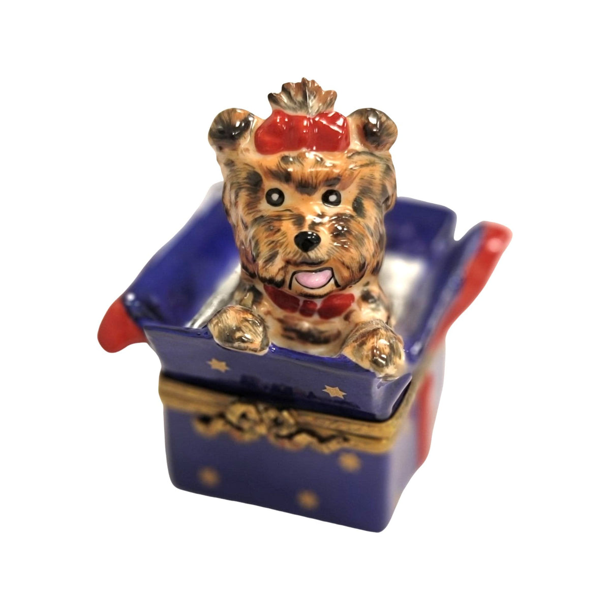 Dog in Blue Gift Box Present Porcelain Limoges Porcelain Art Object, a hand-painted Limoges porcelain gift