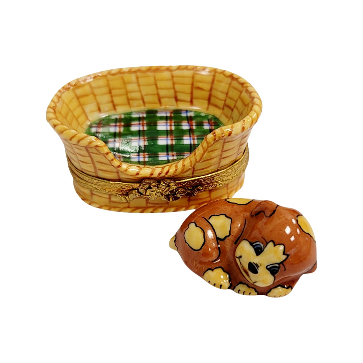 Dog in Brown Basket Decor for Pet Lovers, a hand-painted Limoges porcelain gift