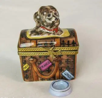 Treasured French collectible: Dog in Travel Bag Limoges box, painted by hand