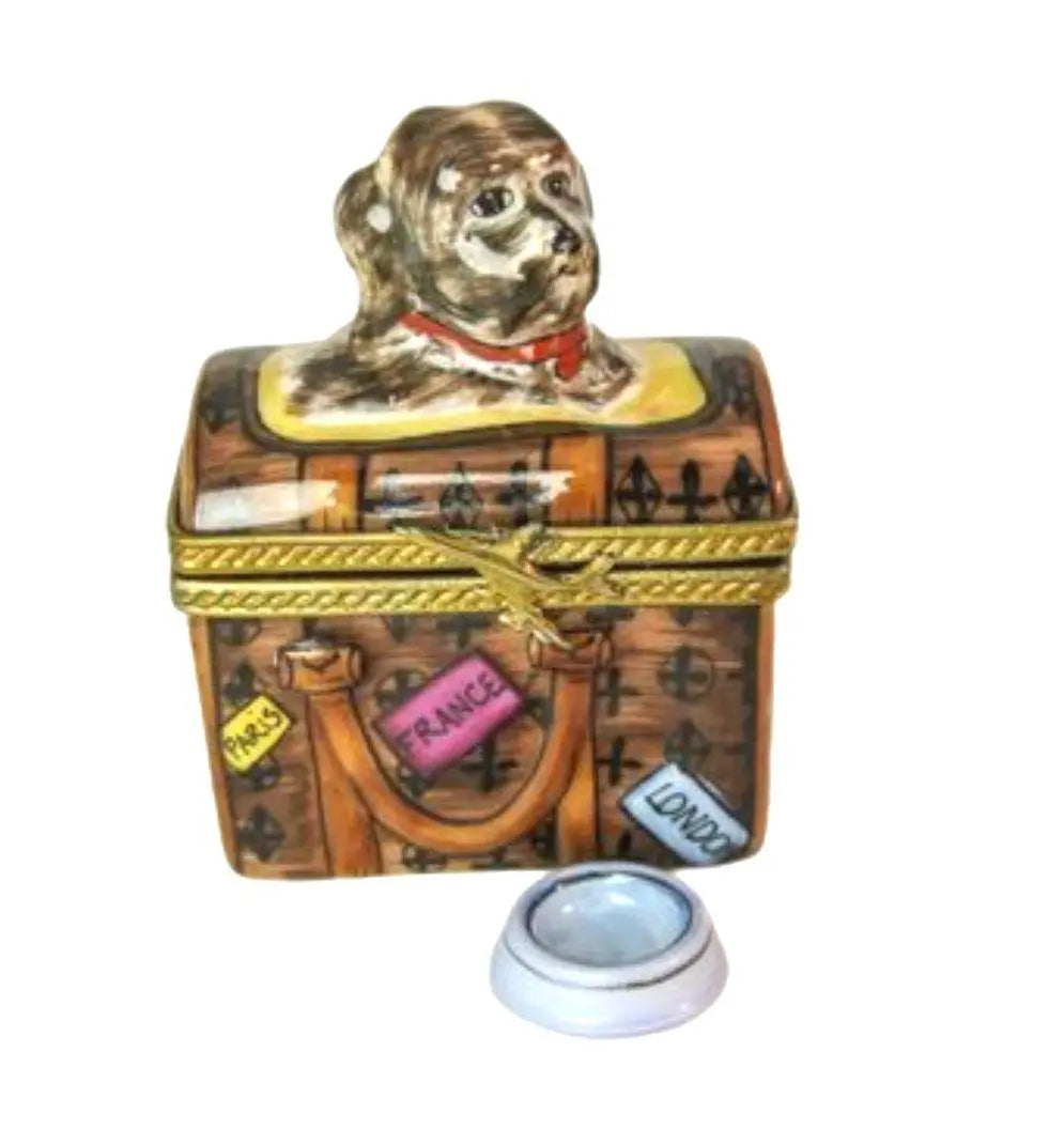 Authentic Dog in Travel Bag Limoges box, hand-painted in France, from Limoges Boutique