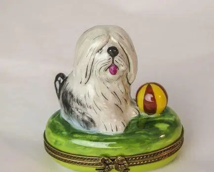 Collectible Dog with Ball Limoges box with artisan brushwork