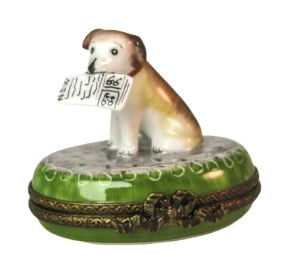 Authentic Dog with Newspaper Limoges box, hand-painted in France, from Limoges Boutique