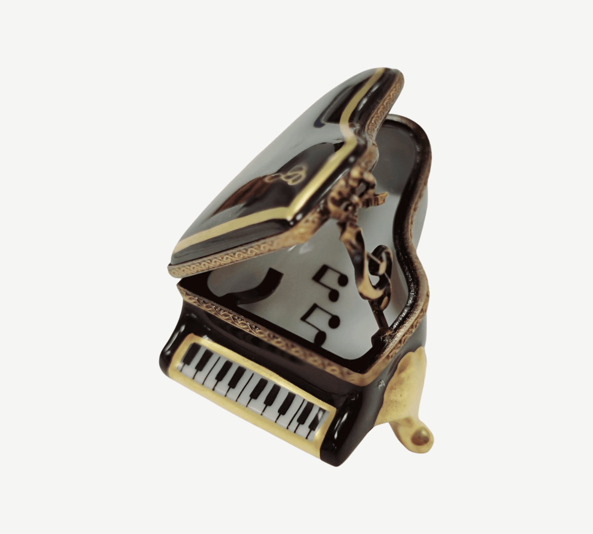 Painted details on the Black Grand Piano Limoges box, French art in miniature