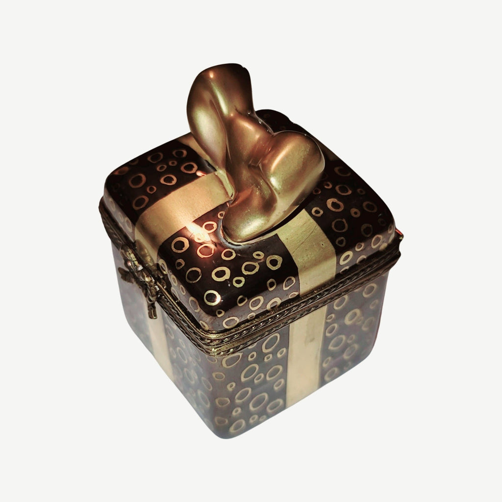 Present Gift Box with Gold Bow Limoges Box, France, a hand-painted Limoges porcelain gift