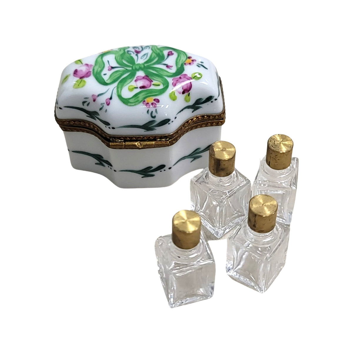 Artisan-painted 4 Perfume Green Bow Limoges box from France, a cherished collectible