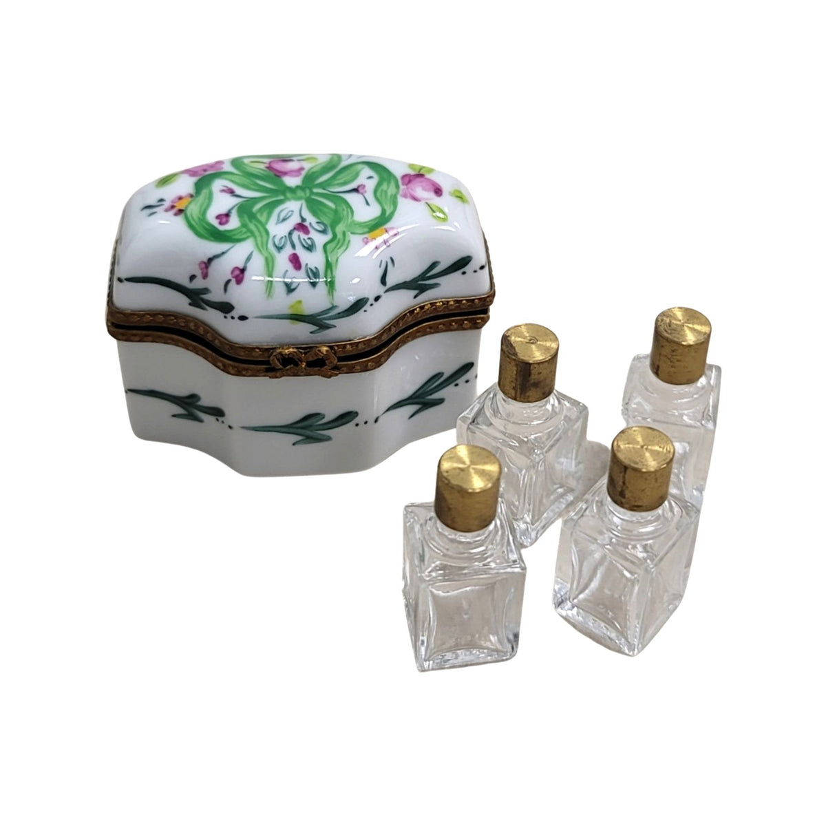 Limoges Boutique presents the 4 Perfume Green Bow, a genuine Limoges box painted by hand in France