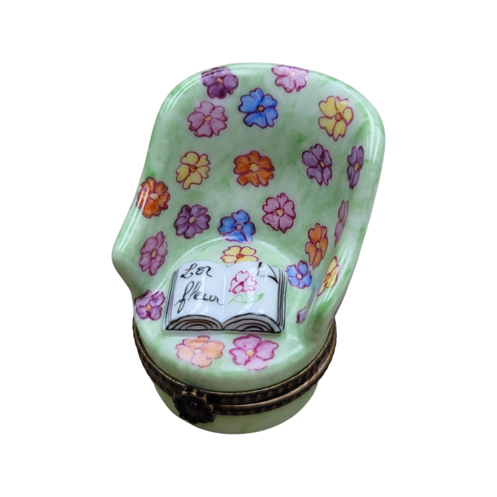 Green Chair w Newspaper Limoges Box Figurine Limoges, a hand-painted Limoges porcelain gift