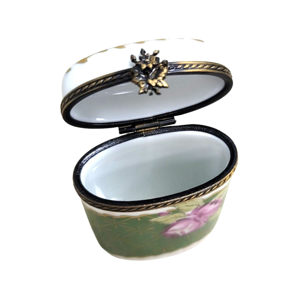 Green Oval Cylinder Limoges Porcelain Box, a hand-painted Limoges porcelain gift