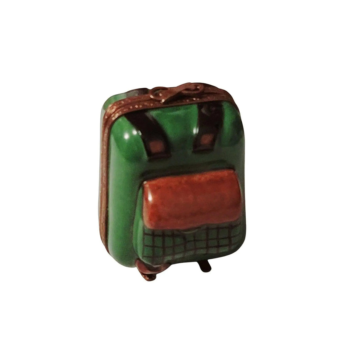 The Hiking Hikers Backpack Limoges box turned around to show its painted back