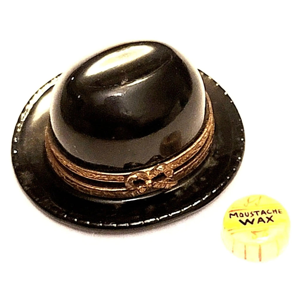 Playbill Hat Cap w Mustache Wax Black Limoges Box Figurine, a hand-painted Limoges porcelain gift